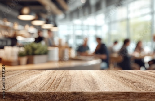 Wooden table foreground, blurred cafe background with lights and people inside