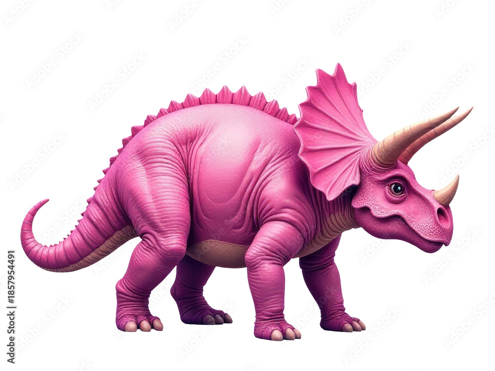 Fototapeta premium A toy triceratops with pink horns and body sitting on a white background, great for kids' illustrations or decorations