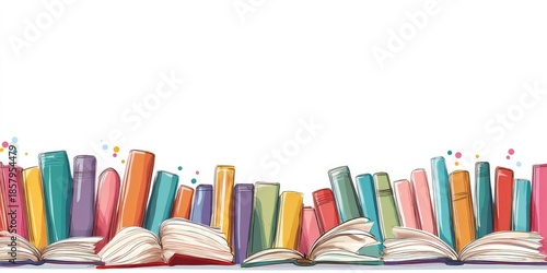 Colorful cartoon books lined at bottom of frame