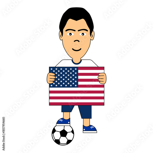 Vector illustration of a young boy holding the United States national flag, wearing casual clothes and standing with a soccer ball, representing American culture, football passion, and national pride.