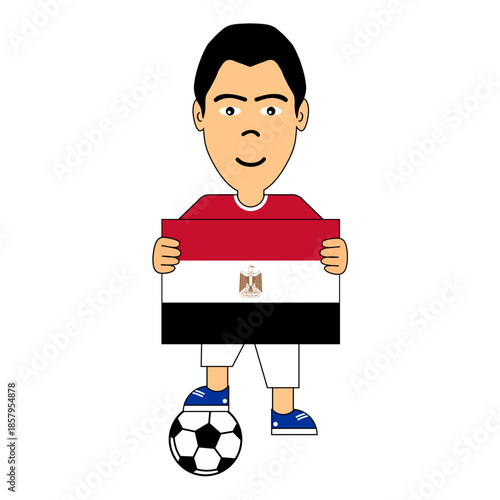 Vector illustration of a young boy holding the Egypt national flag, wearing casual clothes and standing with a soccer ball, representing Egyptian culture, football passion, and national pride