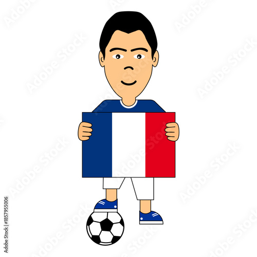Vector illustration of a young boy holding the France national flag, wearing casual clothes and standing with a soccer ball, representing French culture, football passion, and national pride