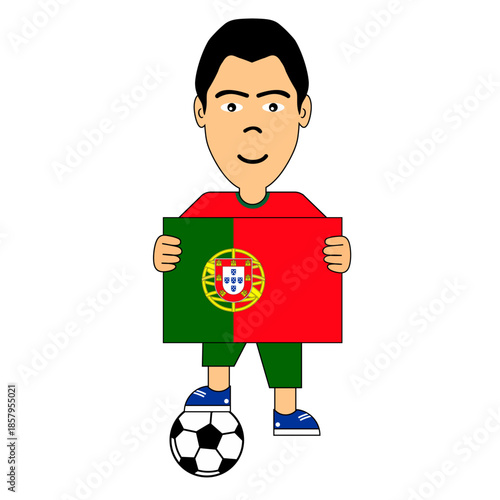 Vector illustration of a young boy holding the Portugal national flag, wearing casual clothes and standing with a soccer ball, representing Portuguese culture, football passion, and national pride