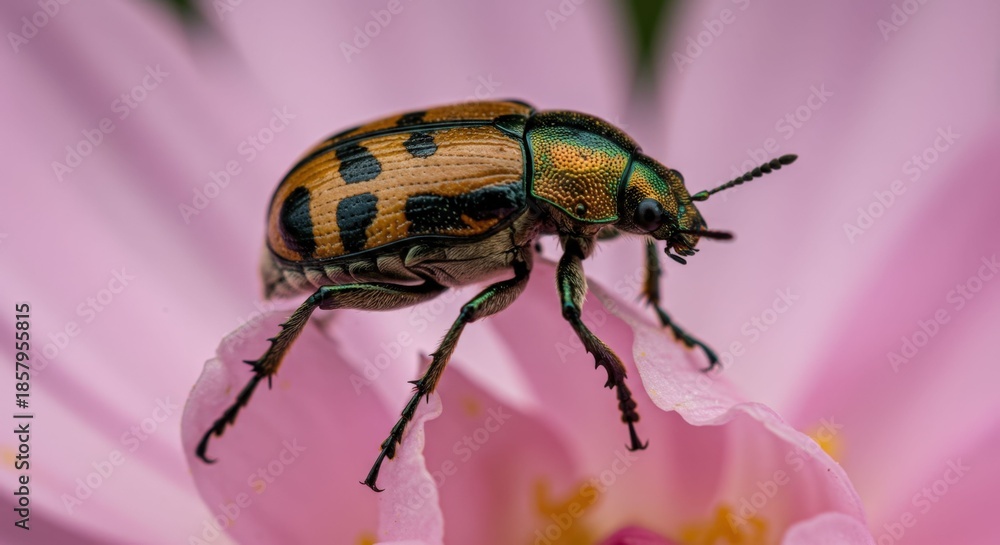 Fototapeta premium Beetle on Pink Flower Petals Closeup.