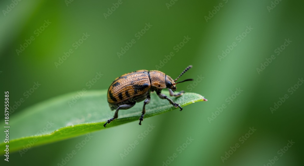 Fototapeta premium Brown Beetle on Green Leaf Closeup.