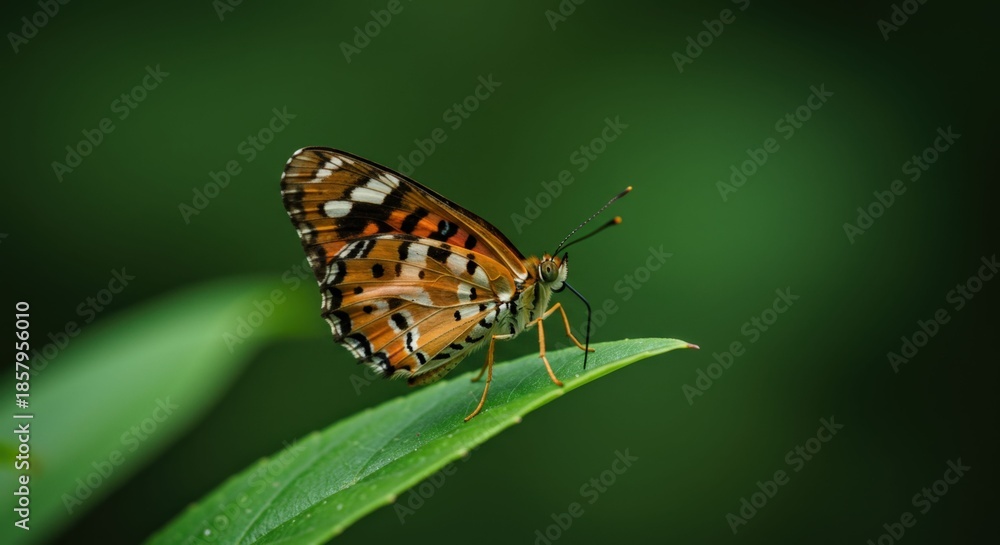 Obraz premium Butterfly perched on green leaf in nature.