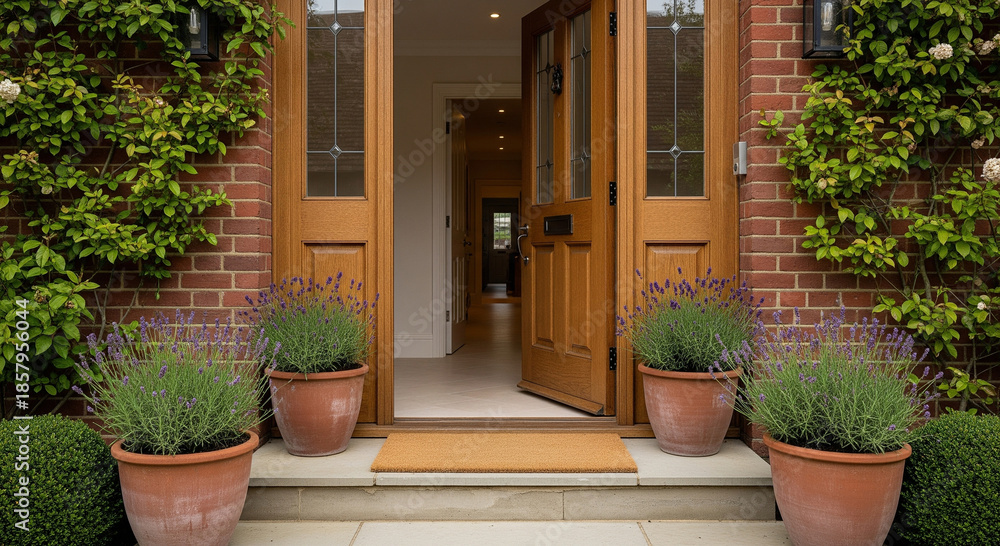 Fototapeta premium Inviting wooden front door with blooming lavender and lush greenery welcoming visitors home.
