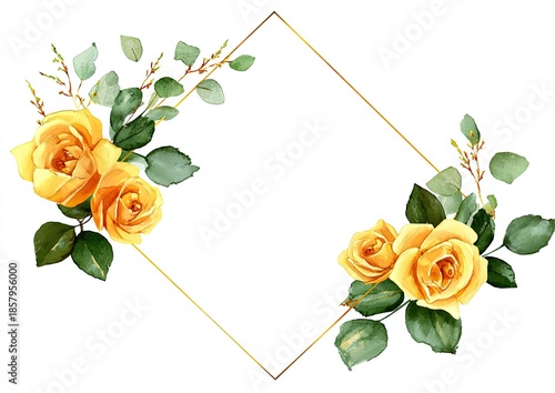 Diamond frame with yellow roses & foliage, watercolor style, on white background