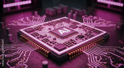 Fuchsia Future: AI Processor on Abstract Circuit Board
