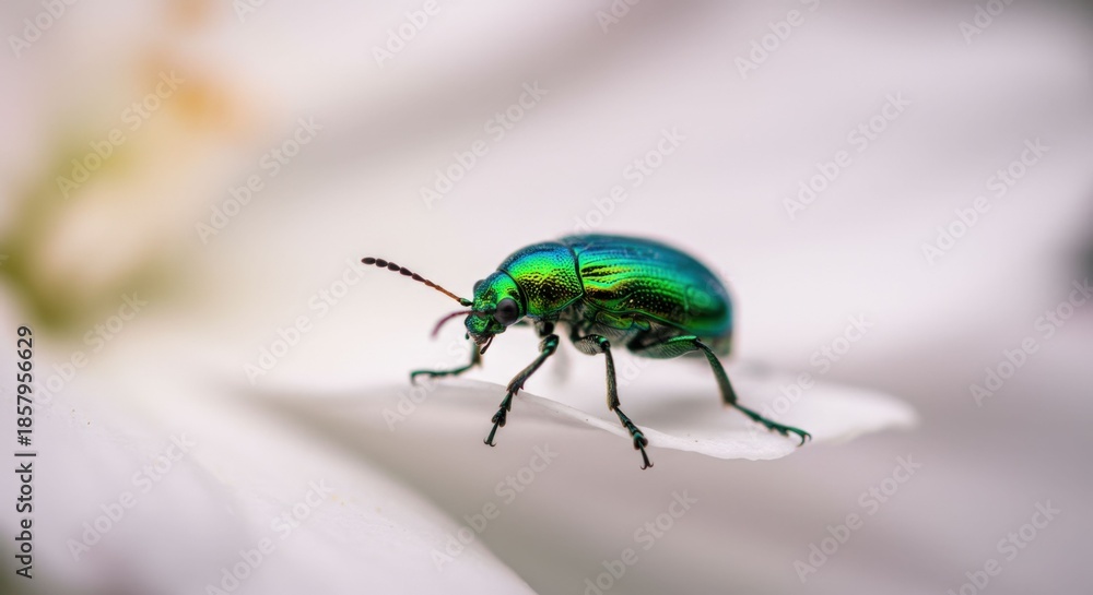 Fototapeta premium Green Beetle on White Flower Petal Closeup.
