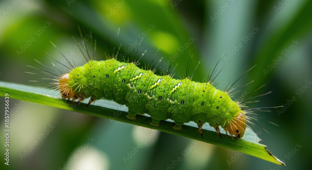 Naklejka premium Green Caterpillar on Leaf Closeup.
