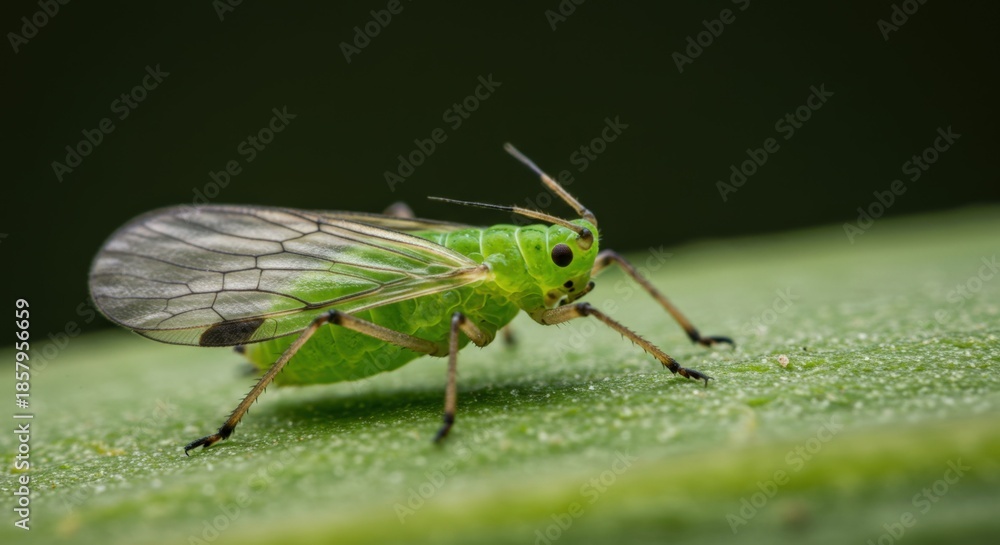 Fototapeta premium Green Leafhopper Insect on Leaf Closeup.