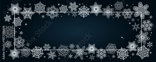 Snowflakes, white falling snow frame with copy space, border, background. Line drawing. Hand drawn vector illustration. Seasonal, winter design, blue backdrop, banner. Different shapes, ice crystals