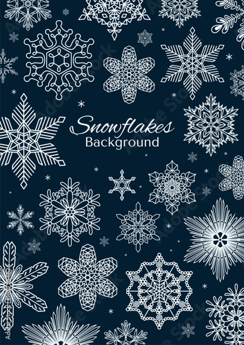 Snowflakes, white falling snow frame with copy space, border, background. Line drawing. Hand drawn vector illustration. Seasonal, winter design, blue backdrop, banner. Different shapes, ice crystals