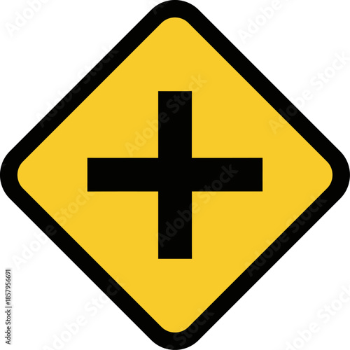 Yellow Diamond Intersection Warning Sign with Black Plus Symbol Road Safety and Traffic Symbol
