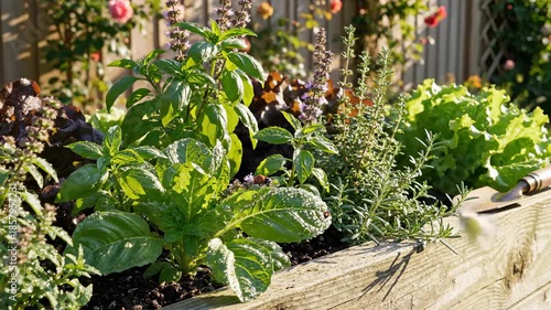 Various Herbs and Lettuce Growing in Raised Garden Bed