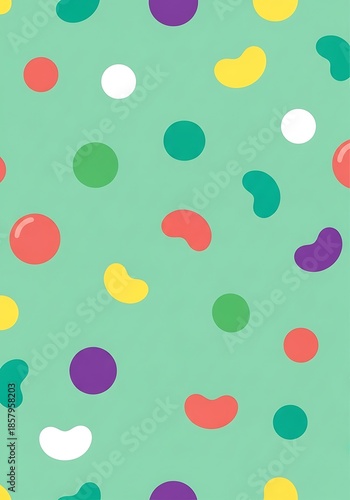 Whimsical pattern of varied colored shapes on light green background