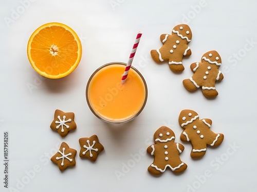 Whimsical festive arrangement featuring citrus drink and gingerbread cookies