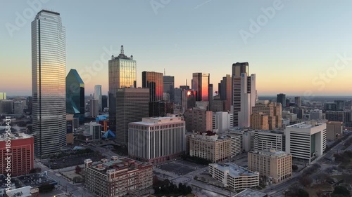 Downtown Dallas Texas Cityscape Sunset Golden Hour with Skyscrapers
