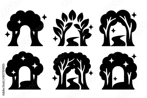 Star-Lit Tree Portal. Solid style icons of a twinkling natural gateway: star-lit tree portal, luminous leaf arch, glowing grove