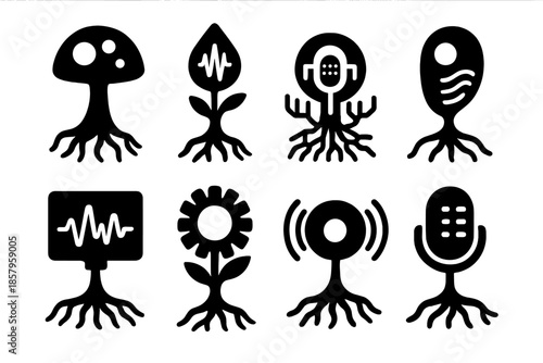 Luminous Root Listening Devices. Solid style icons of luminous root listening devices: glowing fungal receiver, acoustic root