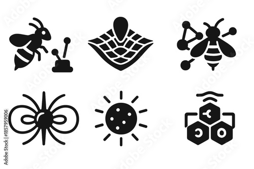 Bee Energy Field Icons. Solid style icons of a pollinator's pressure-electric field in 3D: bee-field generator, 3D pressure map,