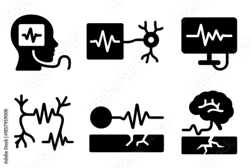Neural Seismic Interface. Solid style icons of a neural connection measuring earth tremors over time: brain-linked seismic grid,