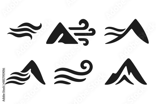 Atmospheric Ascent Icons. Solid style icons of atmospheric ascent paths: flowing breeze ribbon, curved summit trail, airy sky