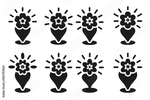 Glowing Floral Markers. Solid style icons of blossoming guide markers: glowing flower beacon, radiant petal light, bloom-based