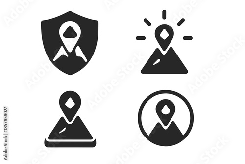 Shielded Ridge Icon. Solid style icons of a protective peak marker: shielded ridge sign, summit guardian compass, mountain crest