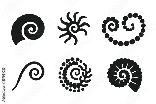 Spiral Organism Icons. Solid style icons of spiral organism art: coiled shell, whirling coral, micro spiral bloom, vortex cell