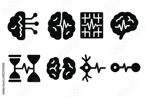 Cognitive Earthquake Mapping Icons. Solid style icons of cognitive earthquake mapping: neural fault circuit, brain-seismic pathway