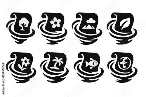 Swirling Ecosystem Icons. Solid style icons of swirling ecosystem documents: parchment vortex, spinning nature scroll, rotating