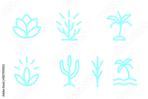 Neon Desert Vegetation. Solid style icons of neon desert vegetation: luminous succulent, glowing shrub, radiant palm sprout,