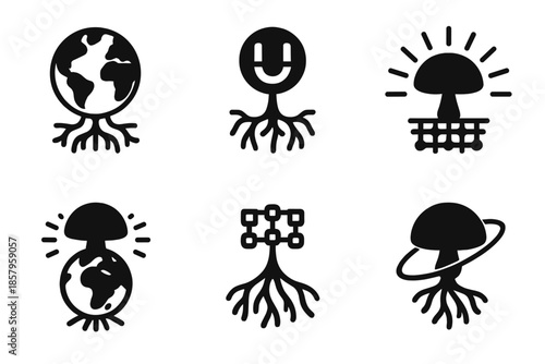 Planetary Magnet Fungi Icons. Solid style icons of planetary magnet fungi: globe-connected mycelium, terrestrial magnetic node,