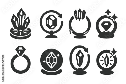 Mineral Zoetrope Icons. Solid style icons of mineral zoetropes: crystal motion wheel, rotating gem frame, animated quartz ring,