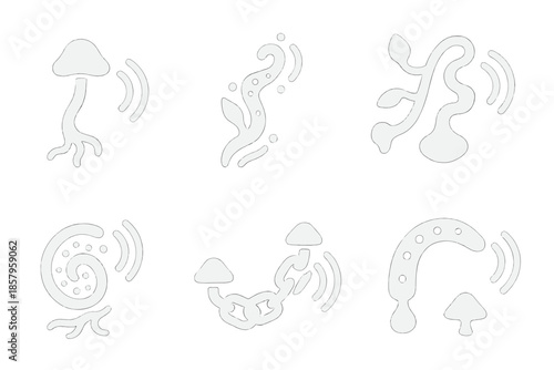 Fungal Sound Icons. Solid style icons of fungal voice lines: glowing mycelium strand, resonant spore path, vocal energy vine,