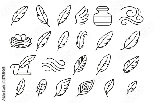 Feather Icons Collection. Line style icons of feathers and flight: quill, bird feather, wing, ink bottle, nest, eagle feather,