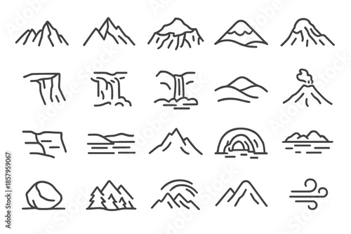 Mountain Landscape Icons. Line style icons of mountain peaks: rocky ridge, alpine summit, glacier, snow cap, valley, cliff, canyon