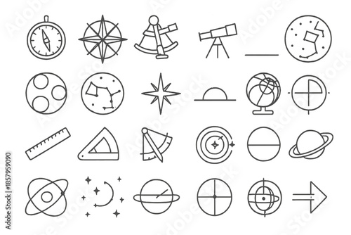 Celestial Navigation Icons. Line style icons of celestial navigation: astrolabe, compass rose, sextant, telescope, star chart,