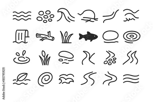 River Element Icons. Line style icons of river elements: flowing water, pebble bed, current wave, riverbank, waterfall, driftwood,
