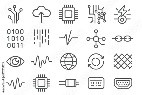 Cyber Data Icons. Line style icons of cyber data: circuit board, data cloud, processor chip, neural grid, binary pattern, code