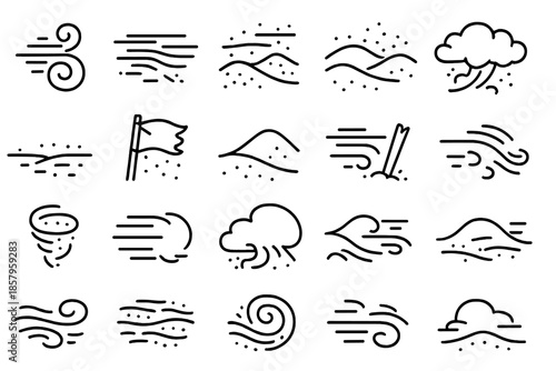Sandstorm Line Icons. Line style icons of sandstorms: swirling dust, gust lines, rolling wave, flying sand, storm cloud, low