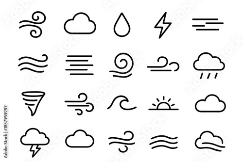 Weather Icon Line Art. Line style icons of weather and wind: swirling gust, cloud arc, rain drop, lightning flash, rolling wind,