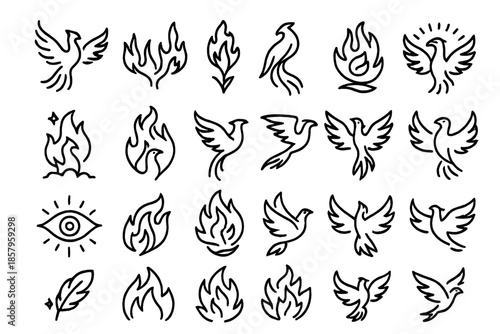 Phoenix Line Icons. Line style icons of phoenix imagery: rising bird, flaming wings, fire feathers, long tail, sun halo, ash spark