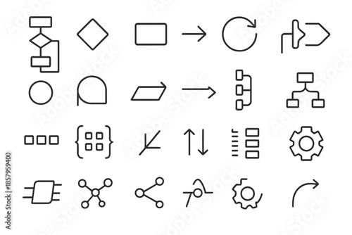 Algorithmic Logic Icons. Line style icons of Algorithmic Logic: flowchart, decision diamond, process block, loop arrow,
