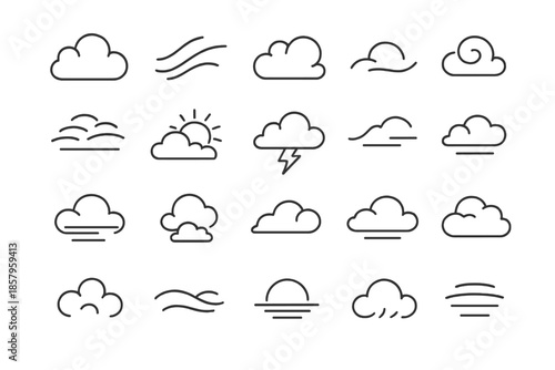 Cloud Shape Icons. Line style icons of Cloud Shapes: cumulus puff, cirrus streak, nimbus wave, vapor swirl, rain drop, mist arc,