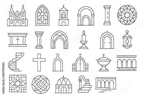 Sacred Architecture Icons. Line style icons of Sacred Architecture: cathedral, stained glass window, bell tower, archway, rose