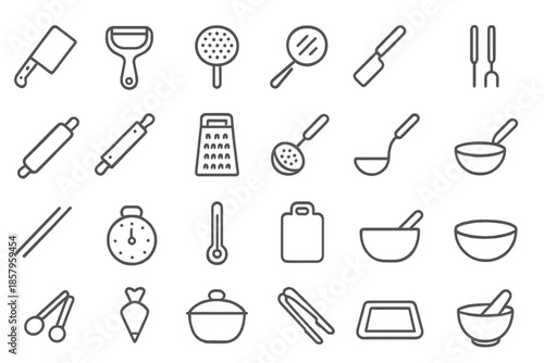 Kitchen Tool Icons. Line style icons of Kitchen Tools: cleaver, peeler, strainer, spatula, rolling pin, grater, sieve, ladle,