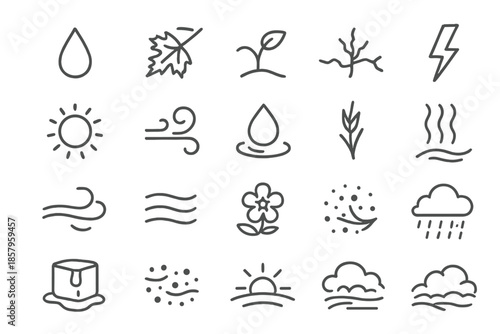 Seasonal Change Icons. Line style icons of Seasonal Change: raindrop, leaf fall, seed sprout, frost crack, thunder line, sun ray,